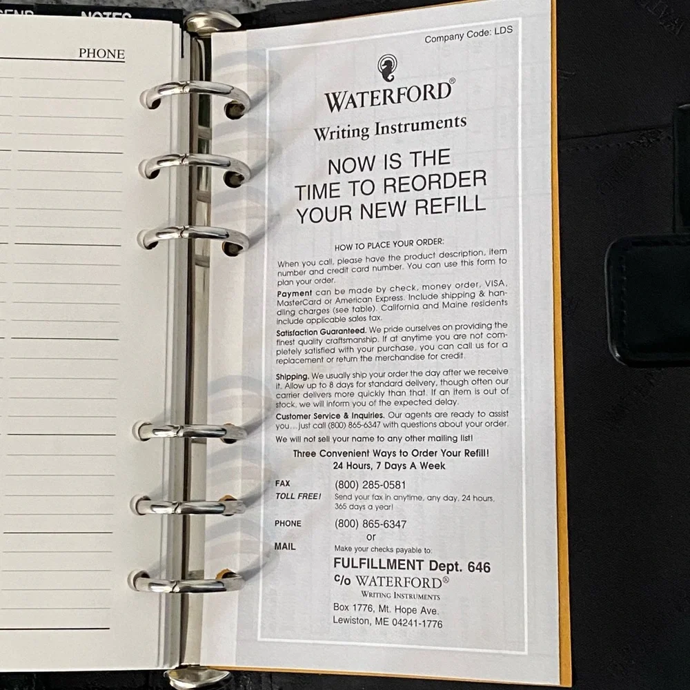 Waterford black leather refillable agenda book